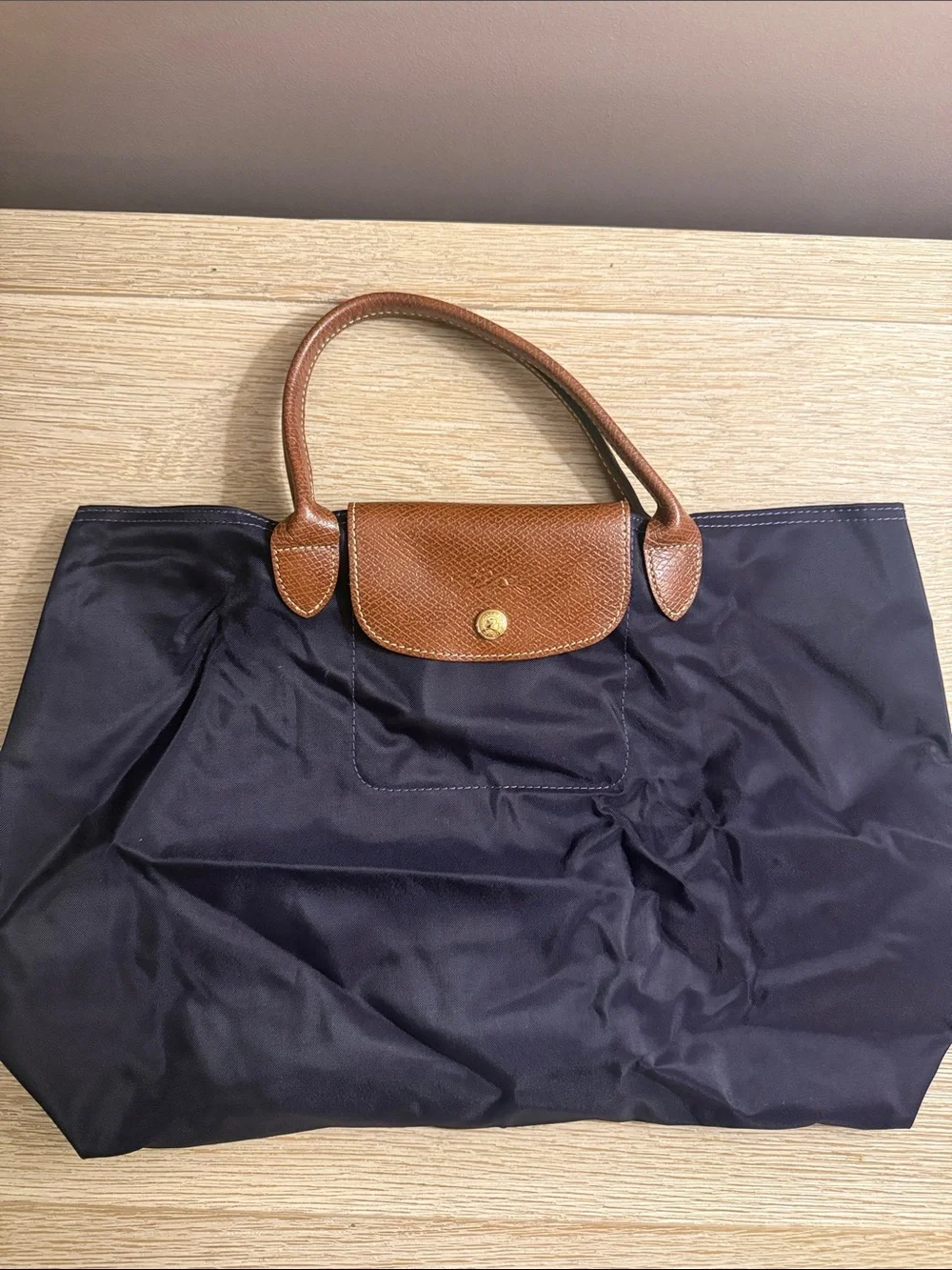 Longchamp Navy Tote with Brown Leather Trim